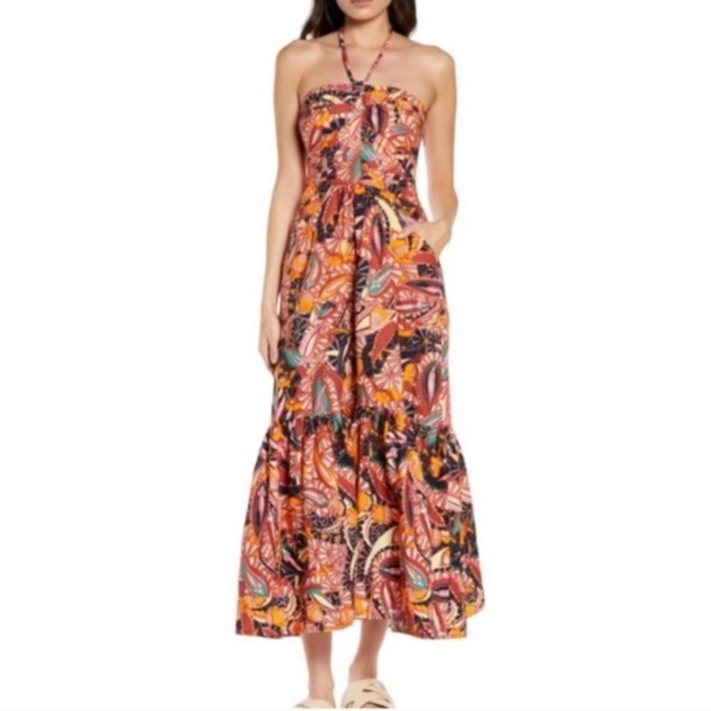House of Harlow 1960 Paisley Print 100% Cotton Halter Maxi Dress w/Pockets